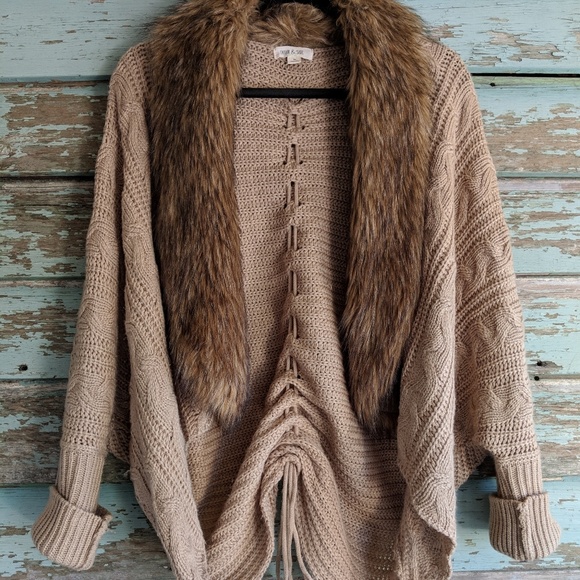 Taylor & Sage Sweaters - Cardigan Faux Fur Bat wing sleeves tan lace up